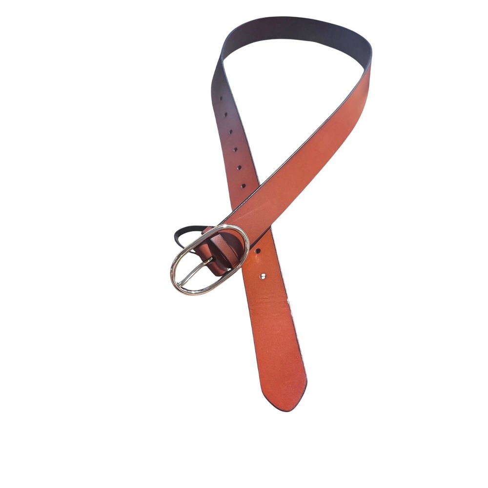 J.Crew Women's Cognac Brown Genuine Leather Belt Gold tone Oval Buckle M/L EUC - Picture 3 of 10